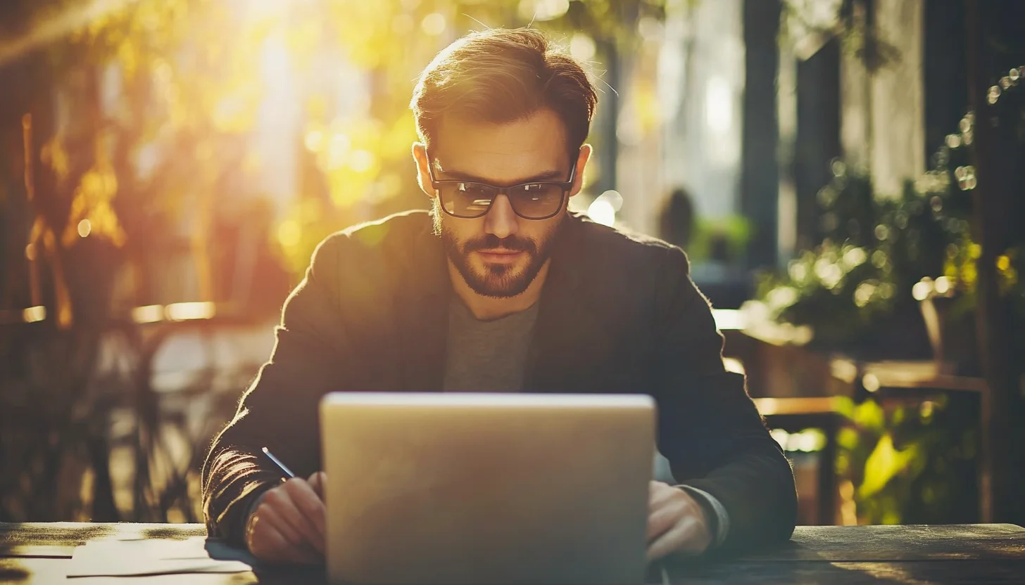 Man online researching reviews.